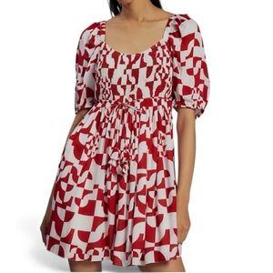 Anthropologie Geisha Designs Red Geo Smocked Mini Dress